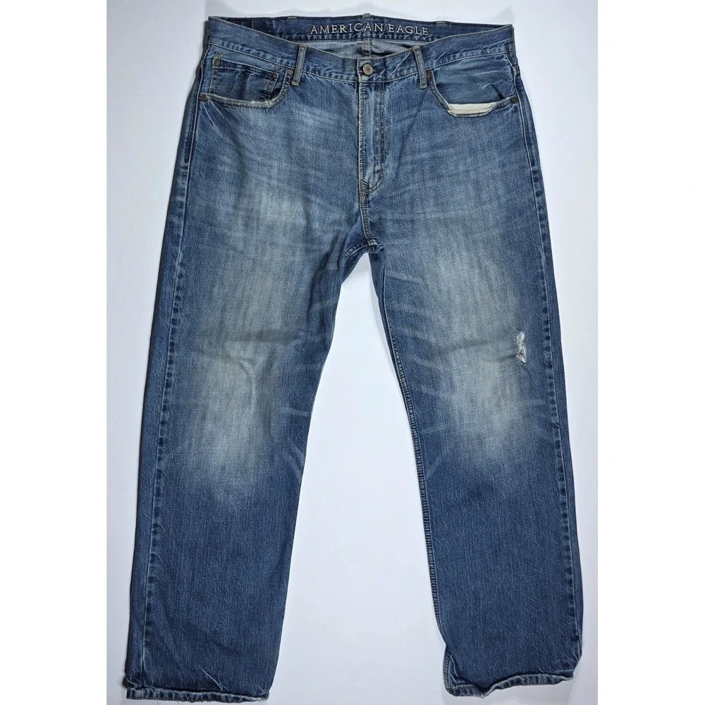 American Eagle Mens Blue Jeans 38x32 Straight Leg Cotton Denim Distressed Wash